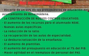 "Ante el hacinamiento en las aulas, la falta de personal y el deterioro de las instalaciones educativas en Benalmádena", convocan una concentración hoy